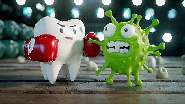 3D animated tooth character with boxing gloves and green viruslike creature in a boxing stance, ready to engage in a physical altercation. The tooth character is white with a surprised expression.