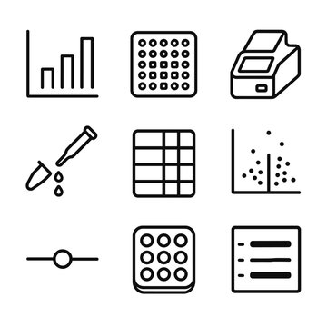 Gene Expression Icons. Outline icon set of gene expression profiling: RNA-seq read counts graph, microarray chip, qPCR