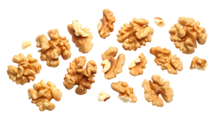 Floating Walnut Halves and Pieces isolated on white background 