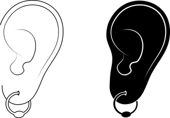 A simple vector icon of a human ear wearing a hoop earring. Includes both outline and solid black versions. Perfect for topics related to body accessories, jewelry, piercing, ear anatomy, or fashion d