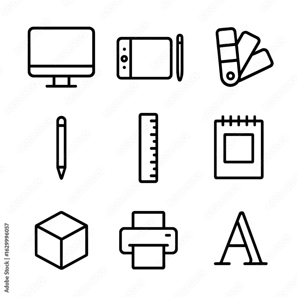Poster design studio essentials. outline icon set of design studio essentials: computer monitor, graphics t