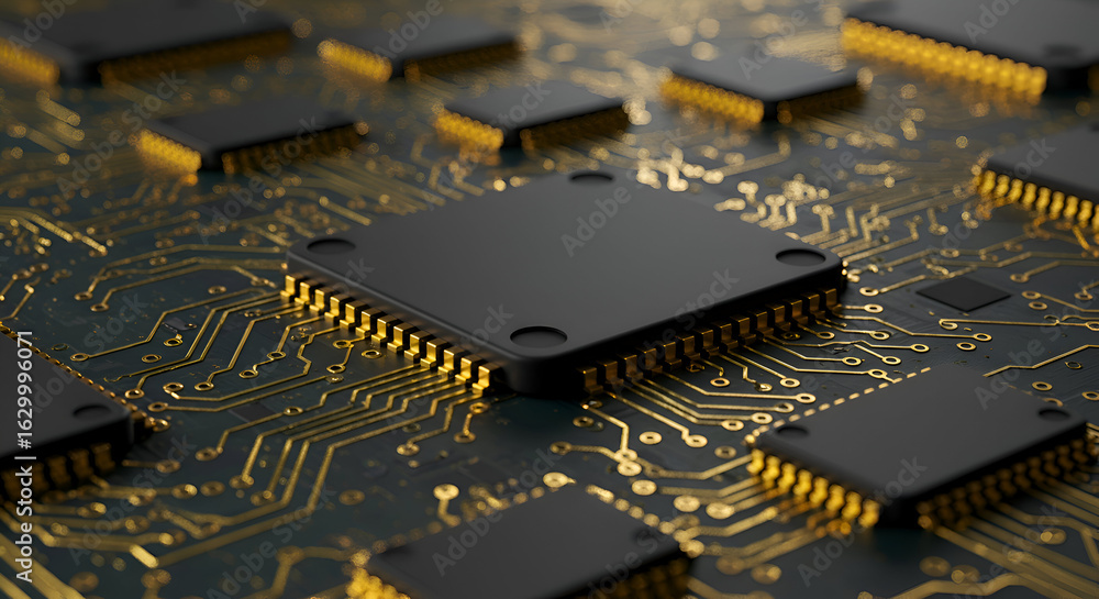 Poster abstract close-up of electronic circuit board with components and golden traces. high-tech electroni