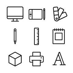 Design Studio Essentials. Outline icon set of design studio essentials: computer monitor, graphics tablet, color palette, pencil,