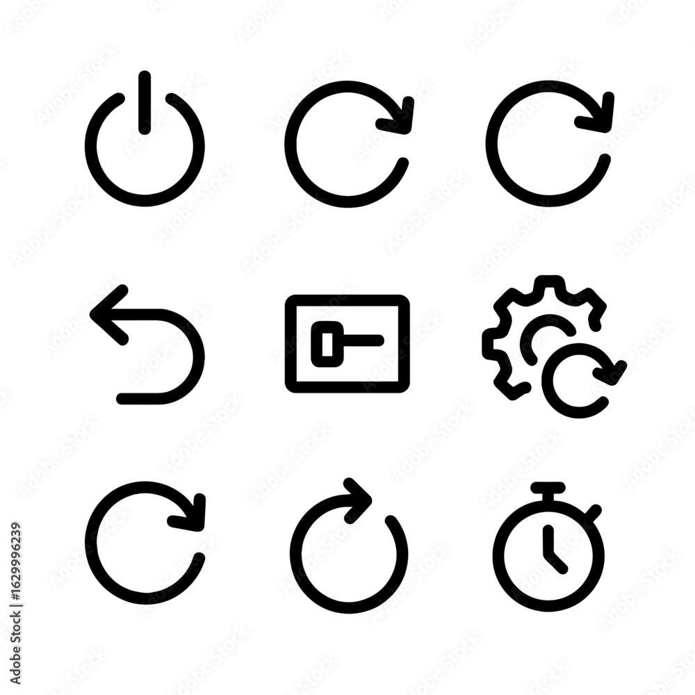 Poster device reset icons. outline icon set of device reset: power button, circular arrow, restart icon, re