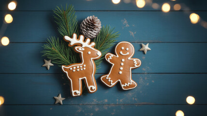 Festive christmas gingerbread reindeer and man cookies with pine branches and bokeh lights on a dark blue wooden background
