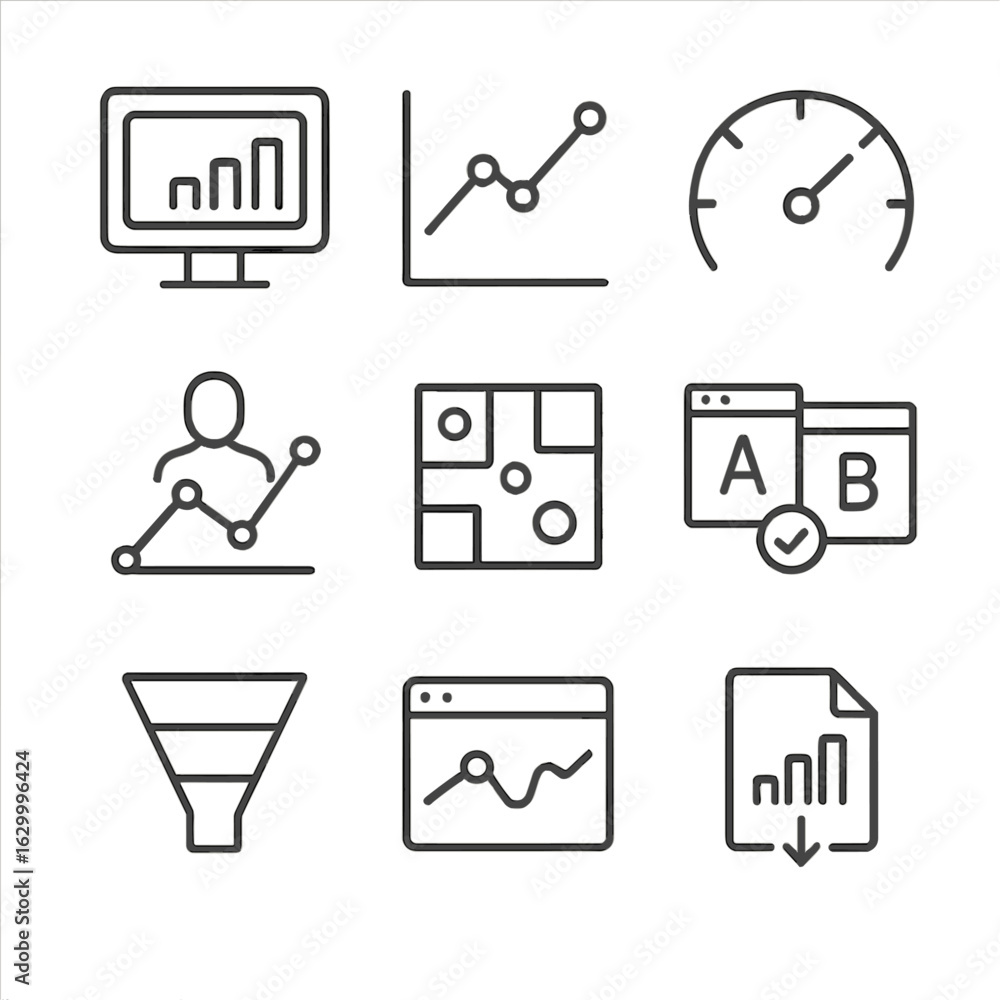 Aufkleber digital analytics icons. outline icon set of digital analytics: dashboard screen, data chart, kpi ga
