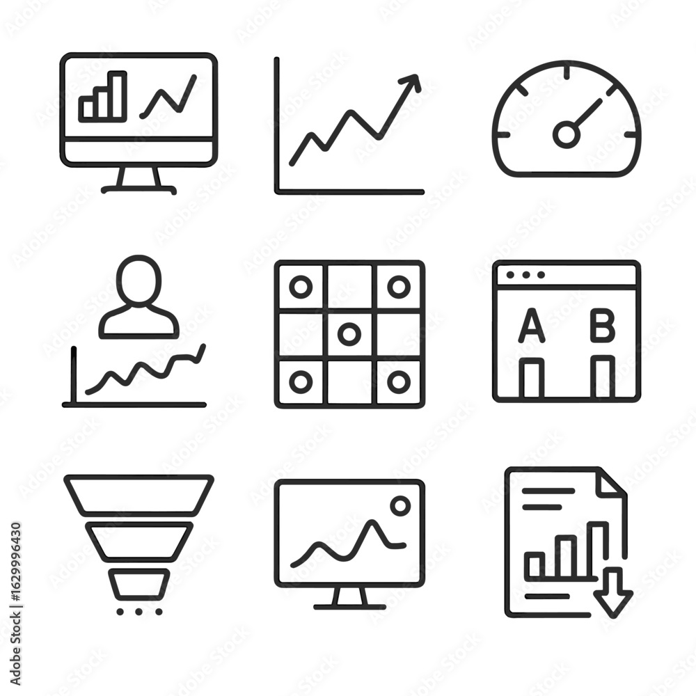 Aufkleber digital analytics icons. outline icon set of digital analytics: dashboard screen, data chart, kpi ga