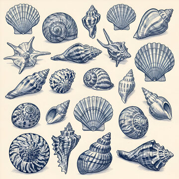Collection of detailed illustrations of various seashells in a decorative arrangement. Artistic depiction of diverse seashells with intricate patterns and textures against a light beige background.