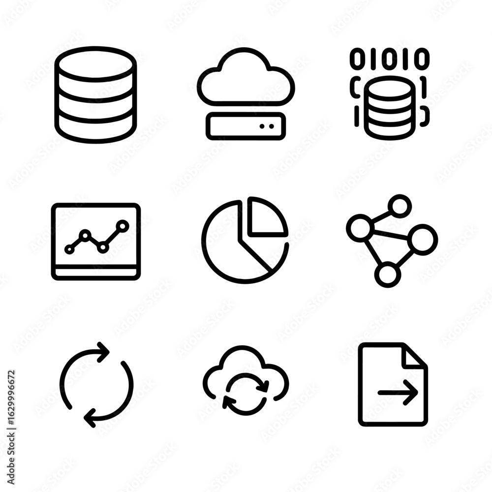 Poster digital data icon set. outline icon set of digital data: database, cloud storage, big data, data cha