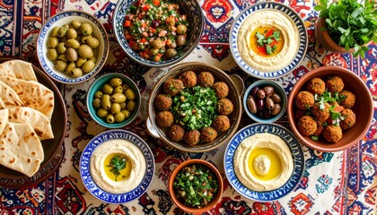 Vibrant flat lay of a traditional Lebanese mezze platter with hummus, falafel, tabbouleh, olives, and fresh pita bread on a colorful tablecloth.