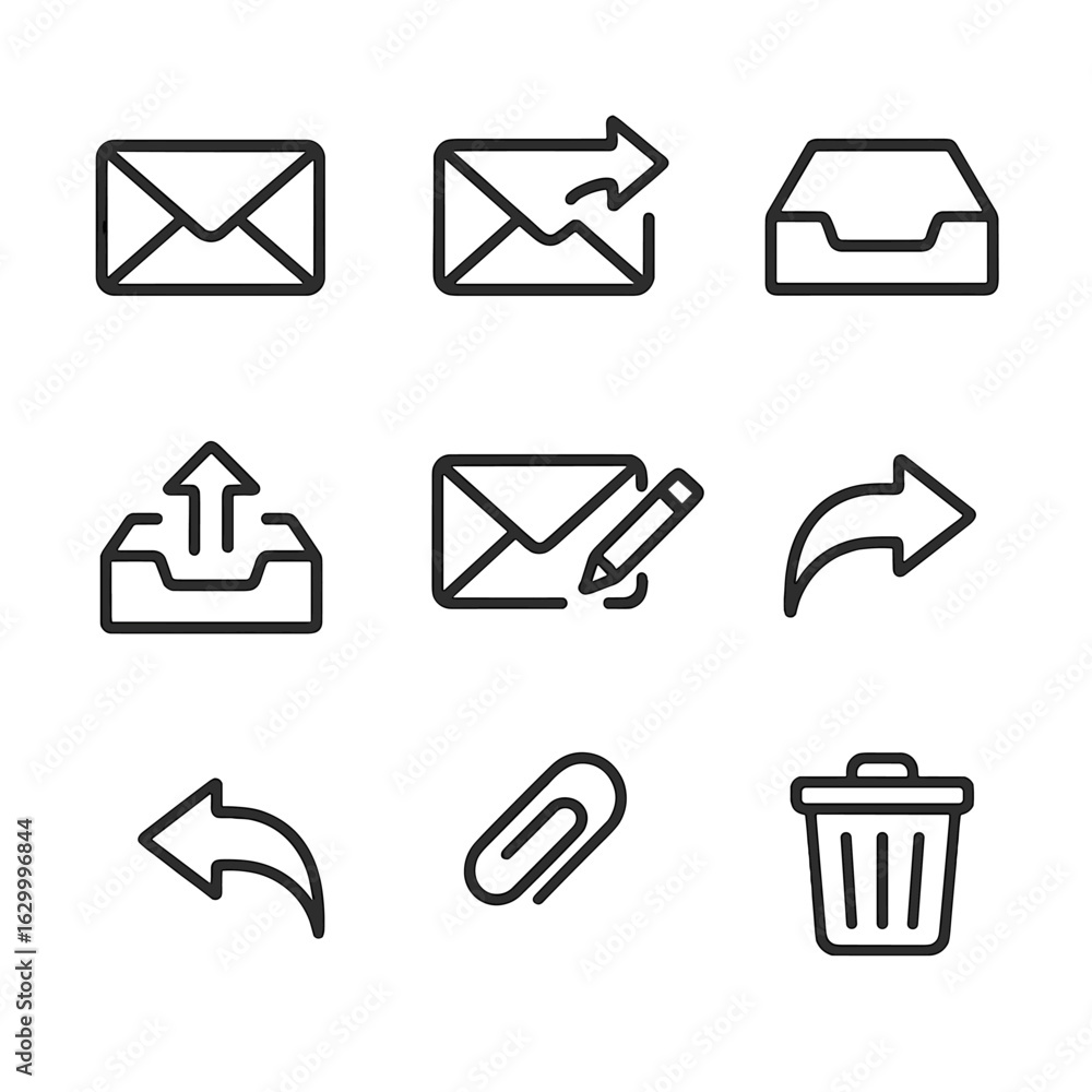 Poster email icon set. outline icon set of email basics: envelope, send, inbox, outbox, draft, reply, forwa