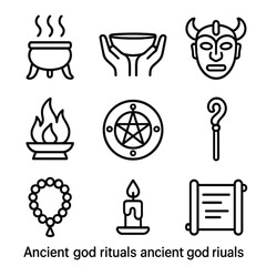 Ancient Ritual Icons. Outline icon set of ancient god rituals: burning incense, offering bowl, ceremonial mask, sacred fire, magic
