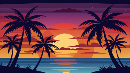 Fototapeta premium Vector art of vibrant sunset over the ocean with silhouetted palm trees and colorful clouds reflecting in the calm water, creating a tropical paradise