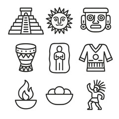 Ancient Sacrifice Icons. Outline icon set of sacrifice in ancient cultures: Aztec pyramid, sun idol, golden mask, ritual drum,