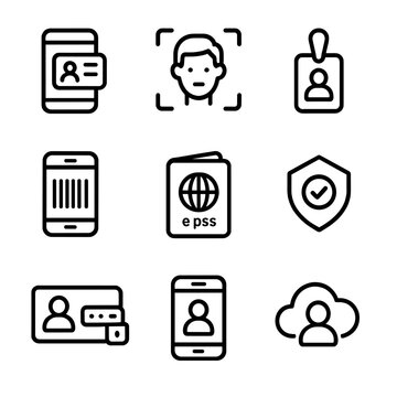 Digital ID Icons. Outline icon set of digital ID systems: mobile ID app, facial recognition, digital badge, phone barcode, e-pass,