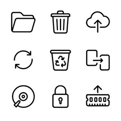 Digital Memory Icons Grid. Outline icon set of digital memory management: file folder, trash bin, backup cloud, sync arrows,