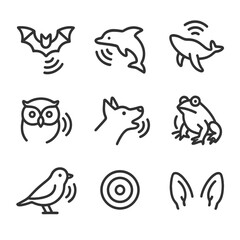 Obraz premium Animal Echo Icons. Outline icon set of echo in animals: bat sonar, dolphin echolocation, whale song, owl hoot, dog bark echo, frog