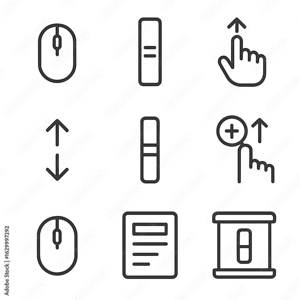 Leinwandbilder digital scroll icons. outline icon set of digital interface scrolls: scroll mouse, scrollbar slider,
