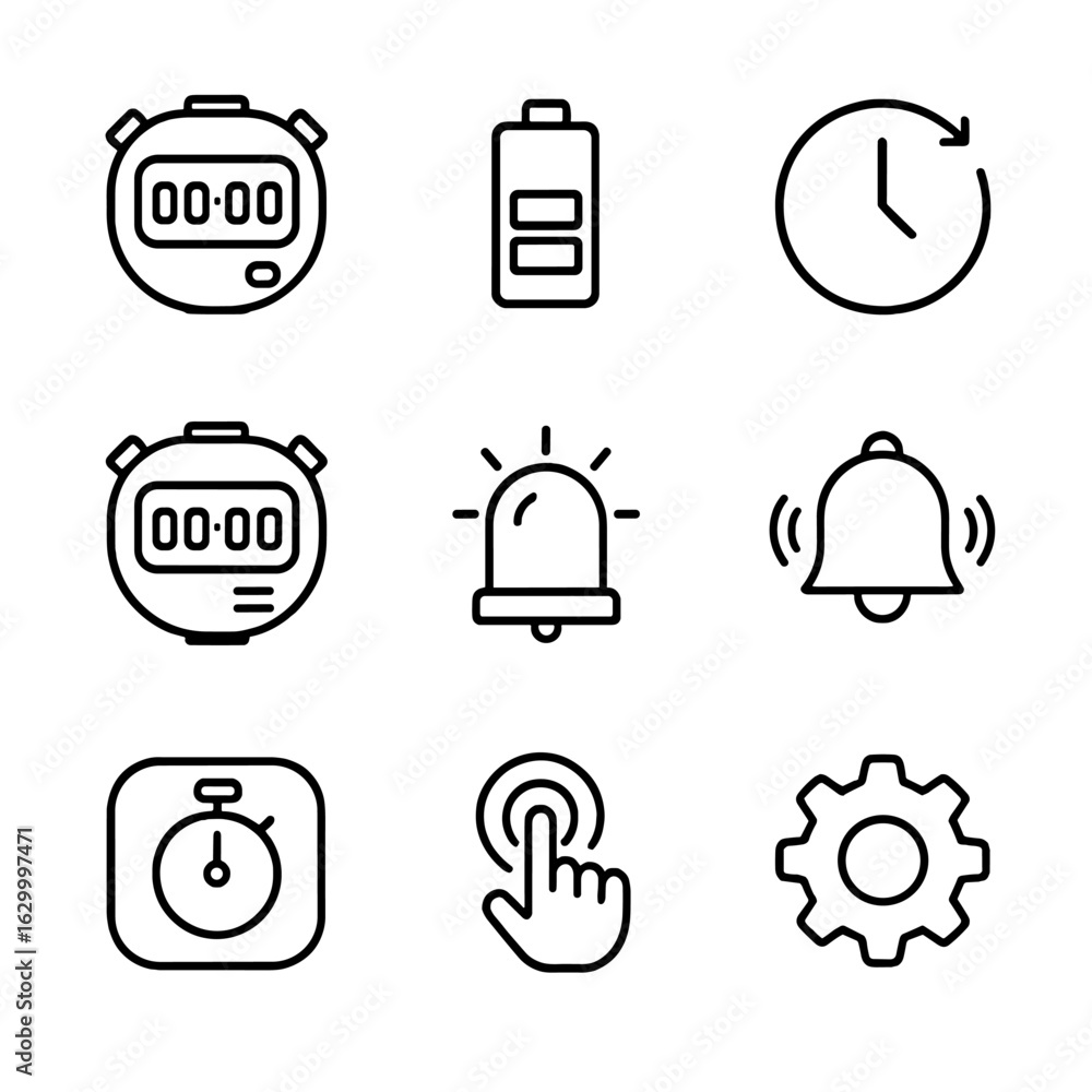Poster digital stopwatch icons. outline icon set of digital stopwatch features: led display, battery level,