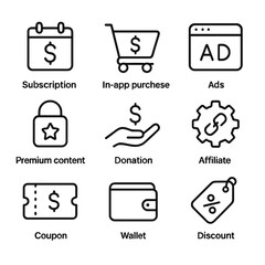 App and Notification Icons. Outline icon set of app monetization: subscription, in-app purchase, ads, premium content, donation,