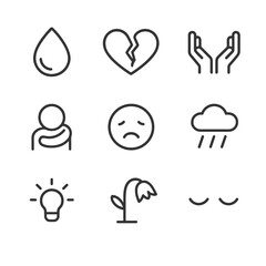 Emotional Icon Set. Outline icon set of shiver in emotional moments: tear drop, broken heart, open hands, hugging figure, sad face