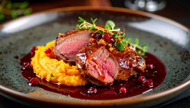 Gourmet roasted duck breast sliced and served with a rich cranberry sauce over creamy sweet potato puree - Powered by Adobe
