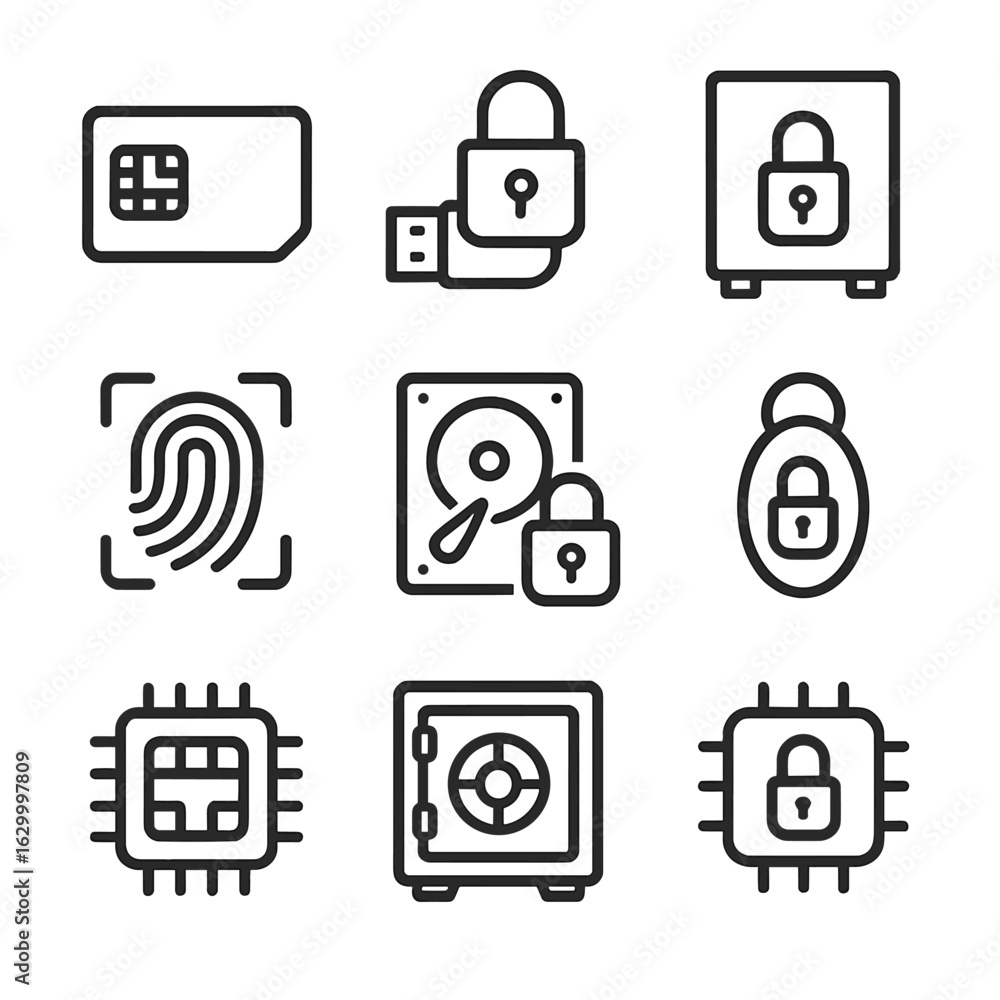 Poster encryption hardware icons. outline icon set of encryption hardware: smart card, usb security key, hs