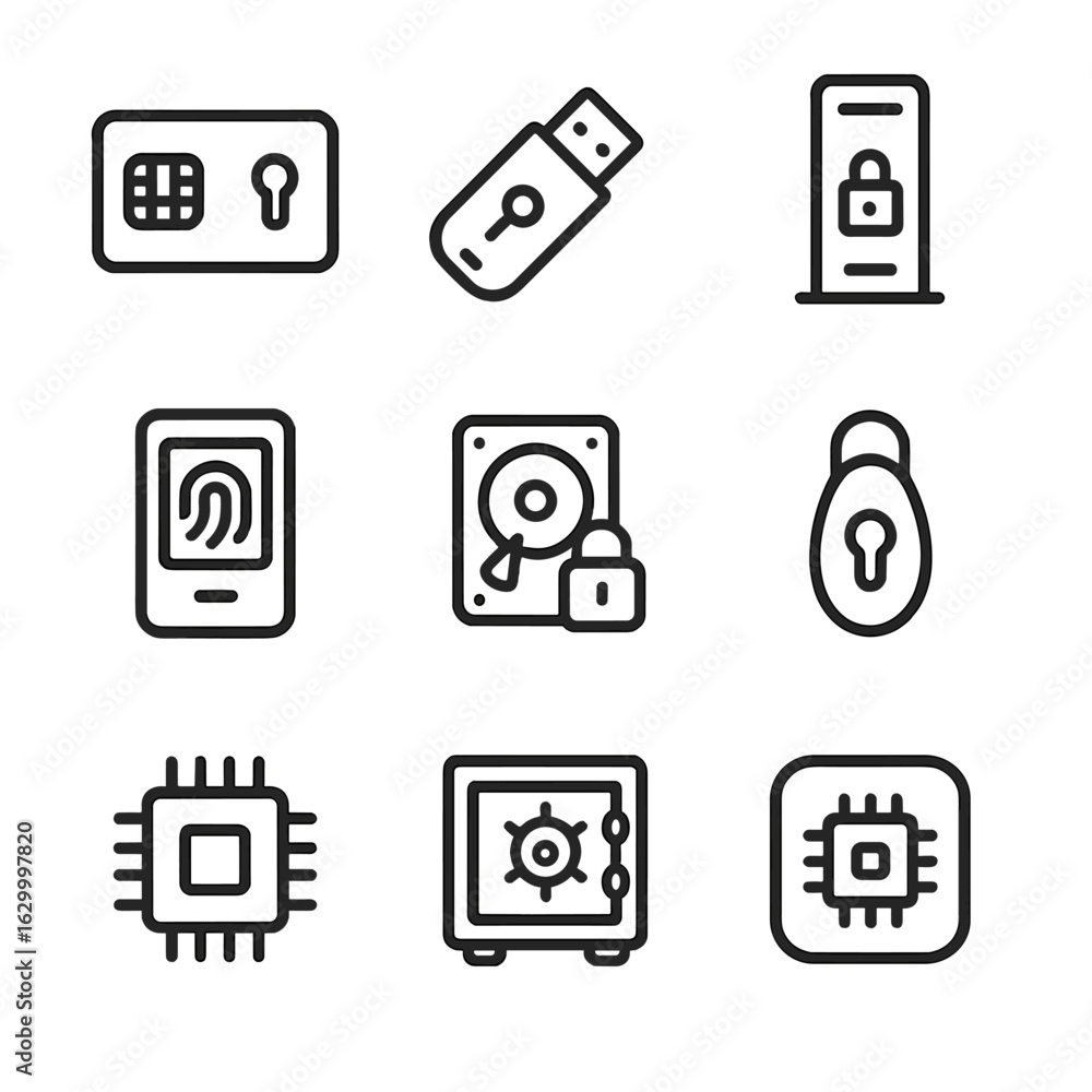 Poster encryption hardware icons. outline icon set of encryption hardware: smart card, usb security key, hs