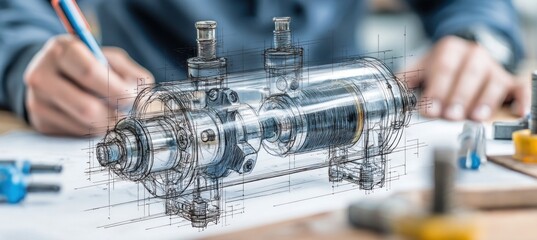 Engineer designing innovative hydraulic cylinder using futuristic software