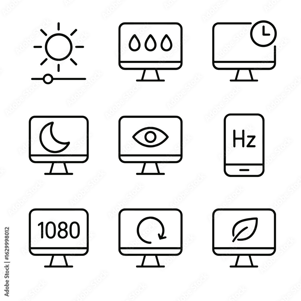 Poster display and led icons. outline icon set of display settings: brightness slider, color calibration, s
