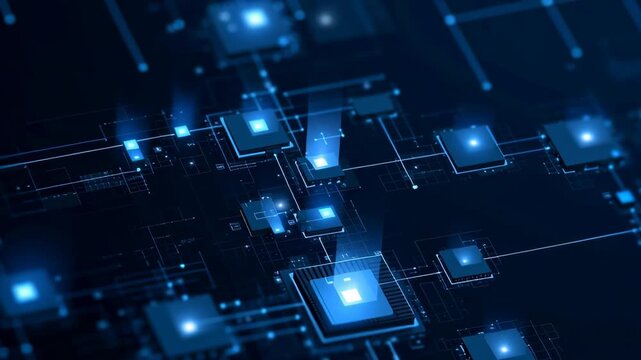 Detailed isometric illustration focuses on an AI chip processor embedded in a complex circuitry. Dynamic glowing elements enhance the futuristic atmosphere, showcasing technological innovation