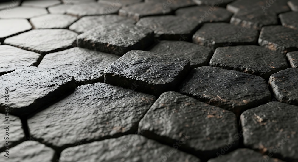 Poster close-up of a textured surface made of dark, irregular hexagonal stone tiles arranged in a pattern.