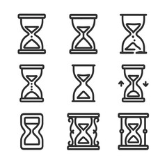 Diverse Hourglass Icons. Outline icon set of hourglass: classic hourglass, modern hourglass, broken hourglass, sand flowing, sand