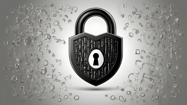 Digital security and data privacy concept. A robust black padlock remains unbroken amidst shattered fragments, symbolizing protection.