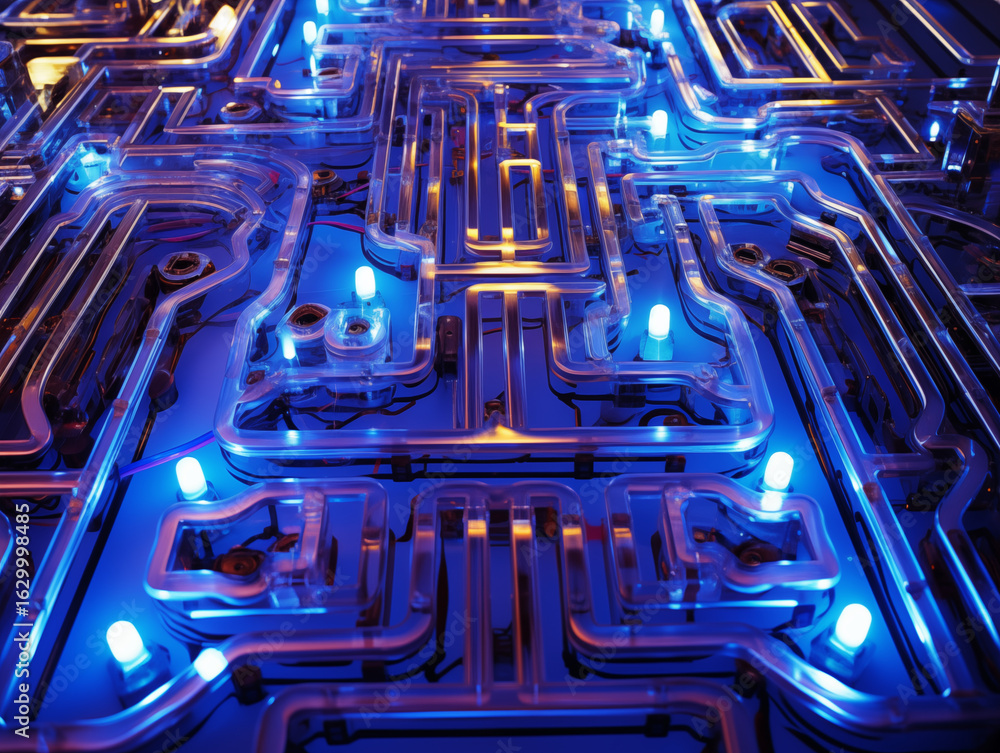 Poster futuristic glowing circuit board with intricate pathways and illuminated nodes, symbolizing advanced
