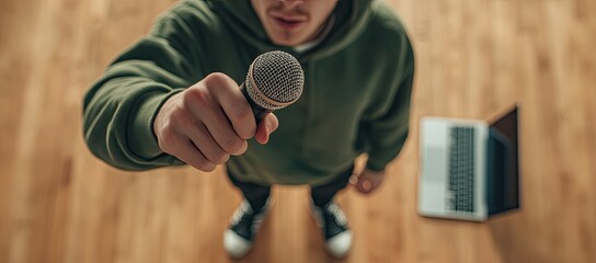 Overhead view of person holding microphone