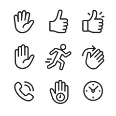 Obraz premium Rush Gesture Icons. Outline icon set of rush gestures: waving hand, pointing finger, thumbs up fast, stop sign, hurry gesture,
