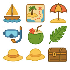 Fototapeta premium Island Adventure Icons. Flat vector mini-illustrations private island hopping tours in colors children's illustrations: small