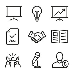 Investor Pitch Icons. Outline icon set of investor pitch moments: presentation screen, lightbulb idea, financial chart upward,