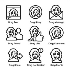 Drag Icons Pack. Outline icon set of drag social media interactions: drag post, drag story, drag message, drag friend, drag like,