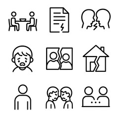 Family Tension Icons. Outline icon set of family tension: dinner table, divorce paper, argument bubble, child crying, family photo