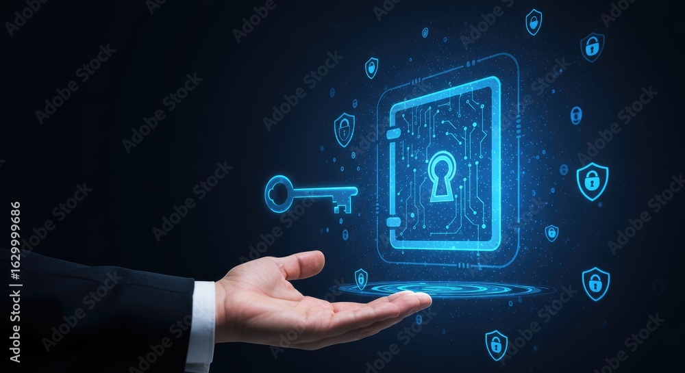Aufkleber holographic digital vault and key representing data protection and digital security