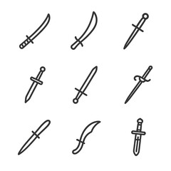 Naklejka premium Fantasy Blade Icons. Outline icon set of blade in fantasy and culture: katana, scimitar, dagger, broadsword, claymore, rapier,