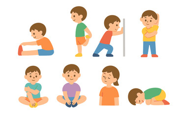 Kids' Stretching Illustration. Flat vector mini-illustrations static stretching post workout in colors children's illustrations: