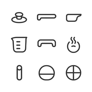 Saucepan Icon Set. Outline icon set of saucepan accessories: lid knob, handle grip, pouring spout, measurement lines, helper