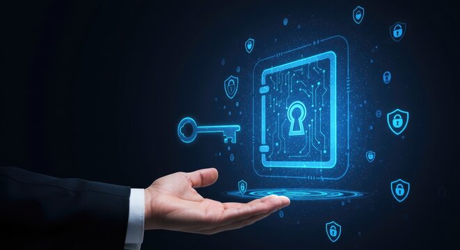 Holographic digital vault and key representing data protection and digital security