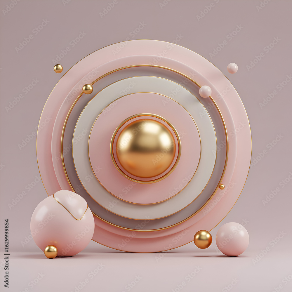 Aufkleber pink and gold geometric shapes with concentric circles and spheres in a pastel setting. abstract des