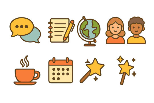 Language Exchange Icons. Flat vector mini-illustrations language exchange meetups in colors children's illustrations: speech