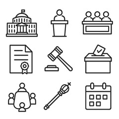Naklejka premium Legislative Icons Set. Outline icon set of legislative bodies and processes: parliament chamber, senate podium, representative