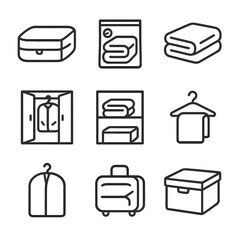Duvet Storage Line Icons. Outline icon set of duvet storage: storage bag, vacuum bag, folding, closet, shelf, hanger, protective